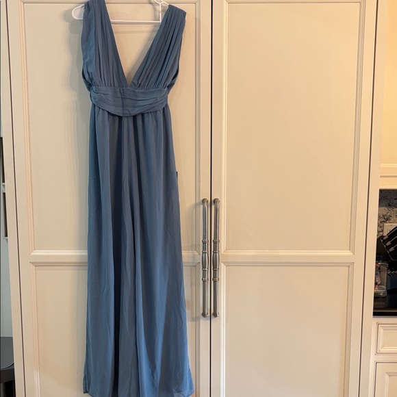 Lulu's Dusty Blue Pleated V-Neck Jumpsuit - Picture 4 of 8